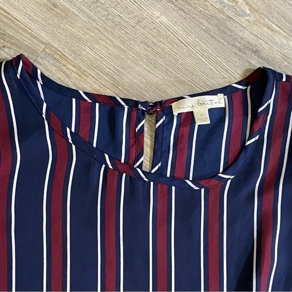 Nine Britton Navy Blue, Maroon, White Striped Blouse with Waist Tie - Picture 4 of 4